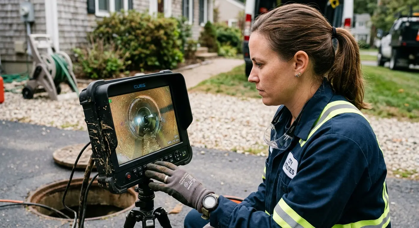 Technician reviewing sewer camera inspection footage in Westbrook