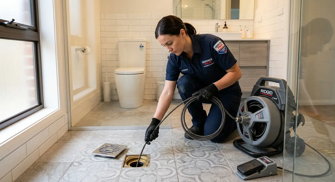 Technician clearing a bathroom floor drain for Drain Repair in Westbrook
